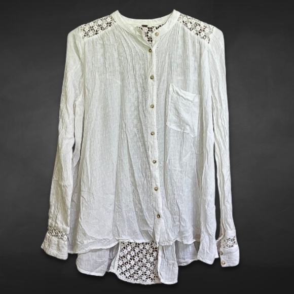 Free People Blouse Lace Inset Button Front‎ Long Sleeves High-Low Hem White W M - Picture 3 of 12